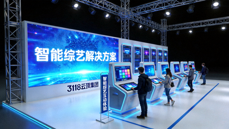 3118云顶集团在国际科技展上的展台全景，展示智能综艺解决方案的大屏幕和互动设备