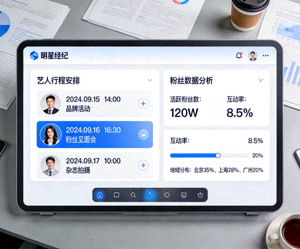 明星经纪公司使用智能管理系统，屏幕显示艺人行程安排和粉丝数据分析