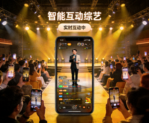 智能互动综艺节目录制现场，观众通过手机APP实时参与节目互动