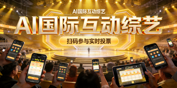AI赋能的国际综艺节目录制现场，观众通过智能设备参与互动