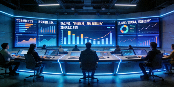 大数据分析中心，工作人员监控节目数据和观众反馈